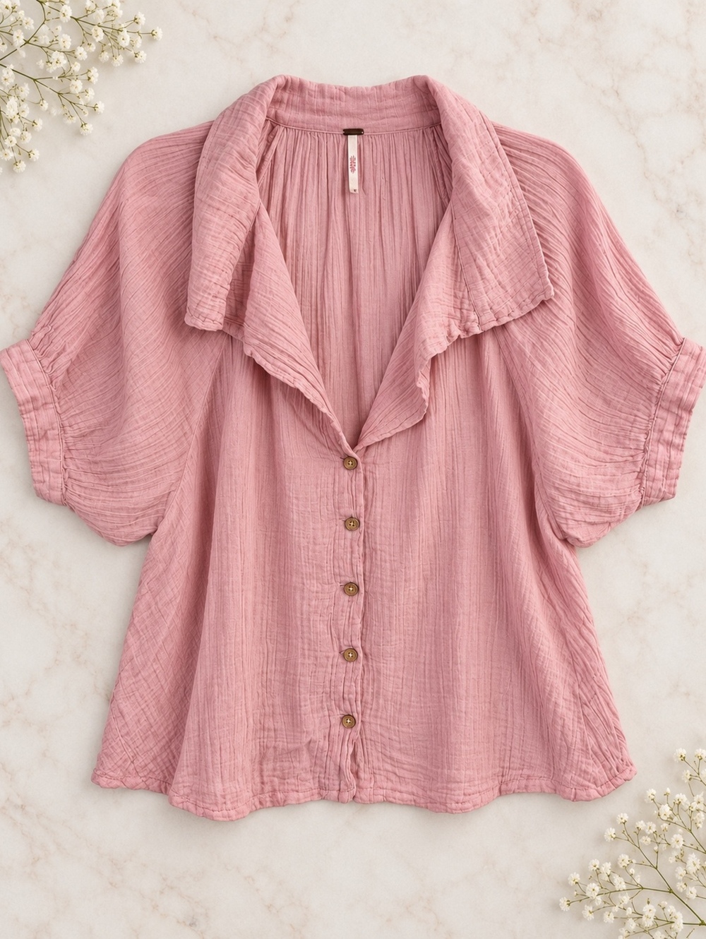 Free People Pink Oversized Button-Up Medium Boho